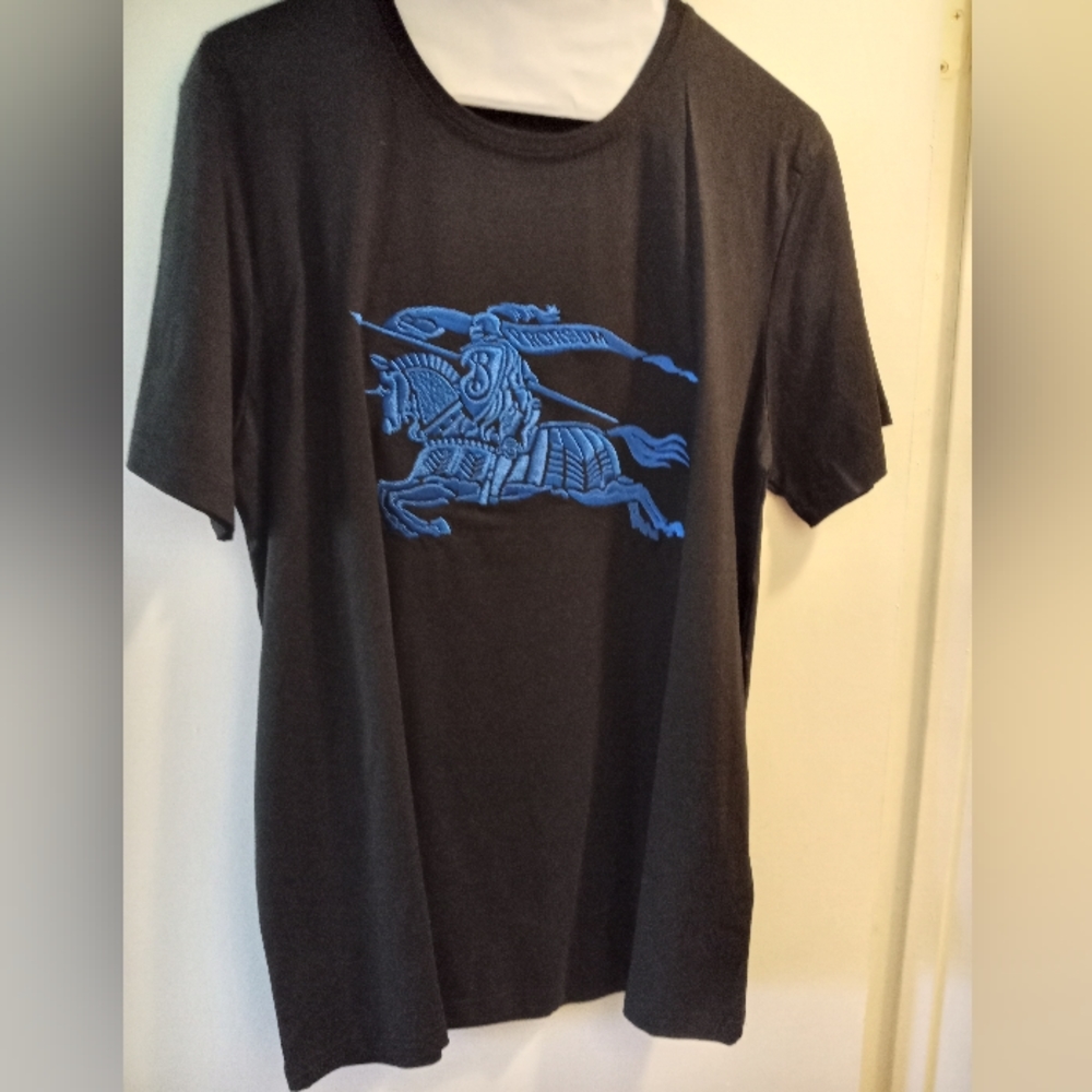 Burberry black tee with blue stitched design. men's XL